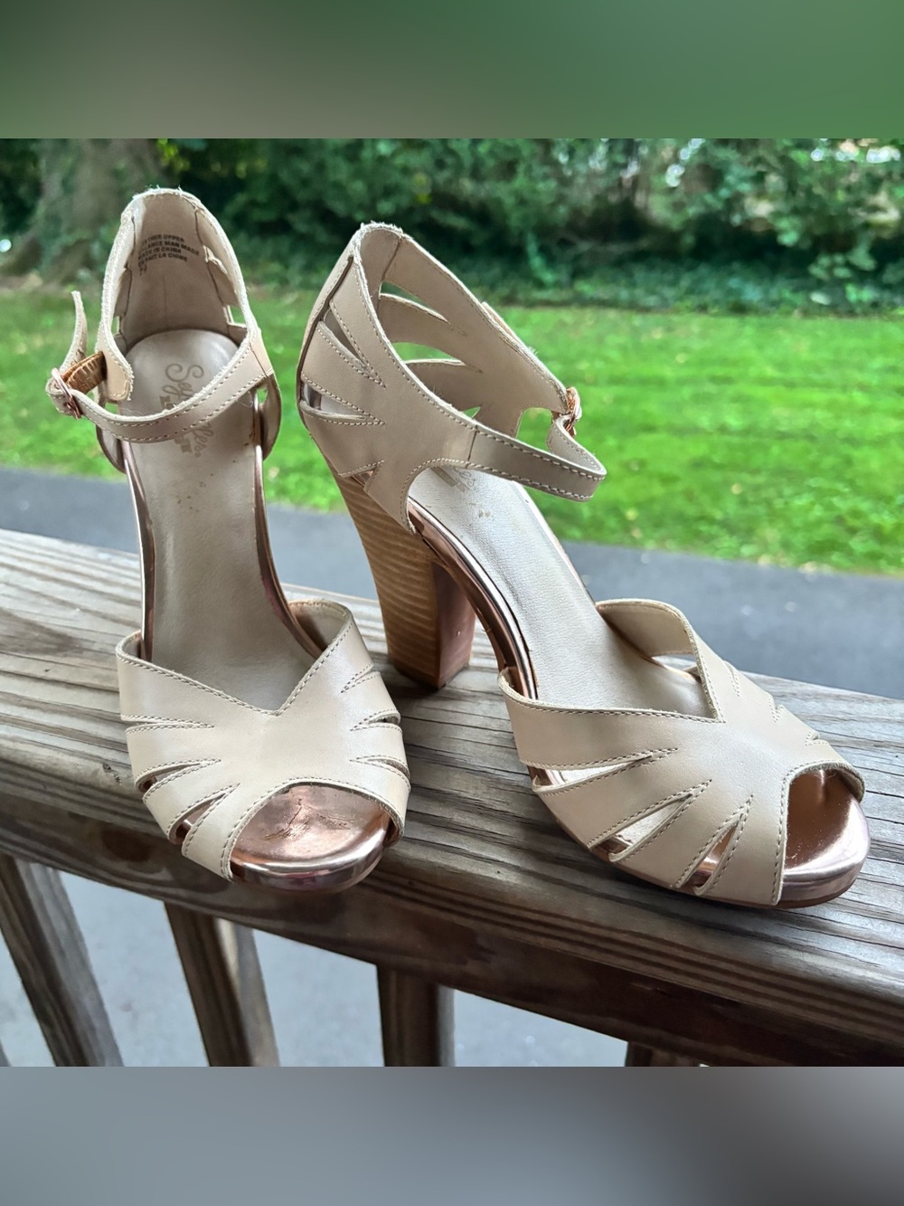 Beige Seychelles Peep-Toe Block Heel Sandals with Ankle Strap